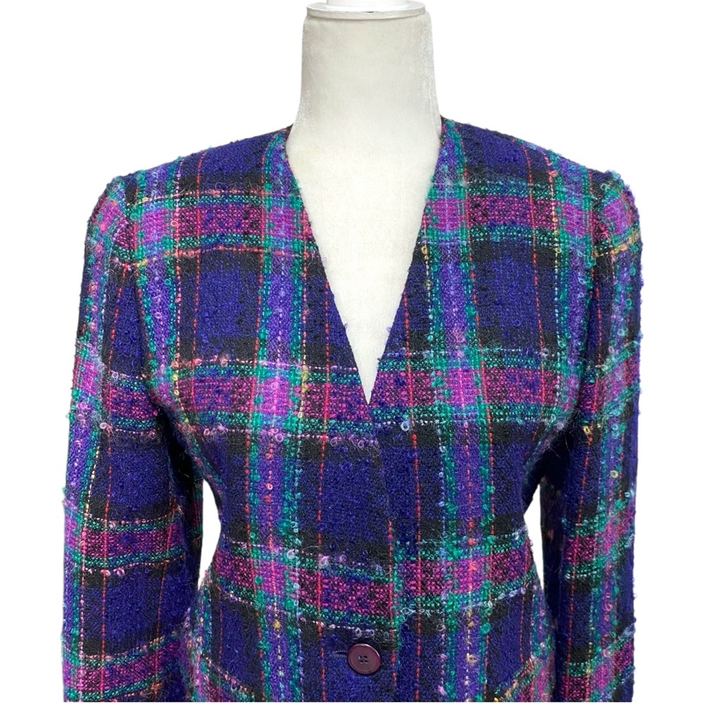Vintage Talbots Wool Mohair Purple Plaid Blazer Jacket Made In USA 4 Petite